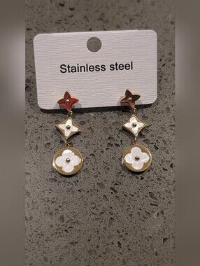 Gold-Tone White Gold Floral Drop Earrings - Stainless Steel